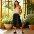 thumbnail image 4 of TQWQT Pedal Pushers for Women Drawstring Cotton Linen Capri Pants Dressy Casual Elastic Waist Wide Leg Cropped Pants Trendy Summer Palazzo Trousers with Pockets Black L, 4 of 9