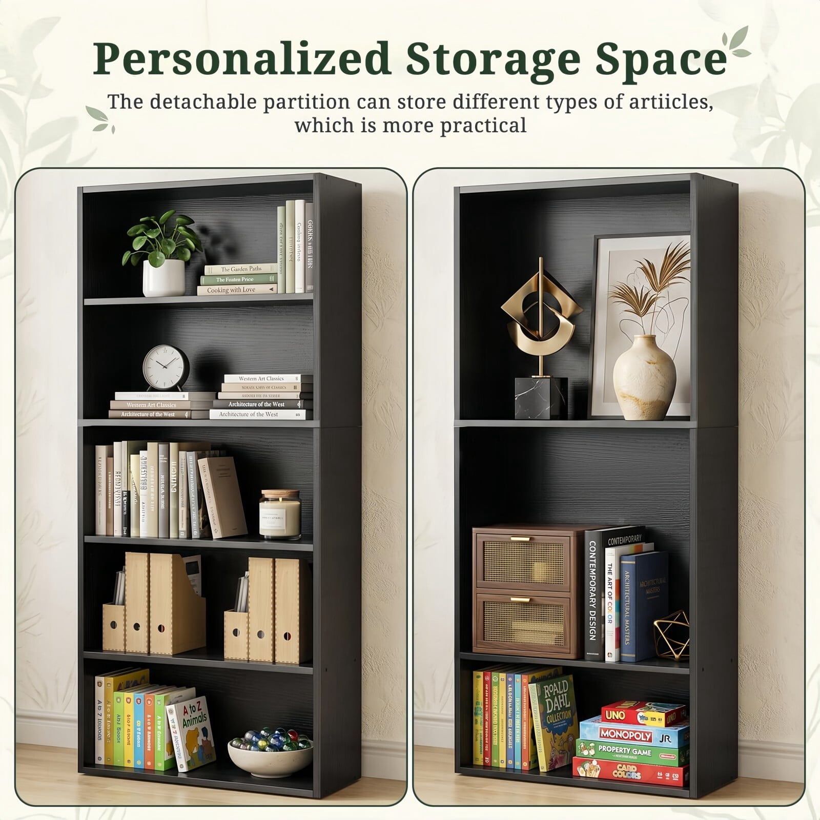 Kelno 5 Tier Vintage Bookshelf 53" Freestanding Wood Bookcase with Adjustable Shelf Anti-Tip Kit, Black
