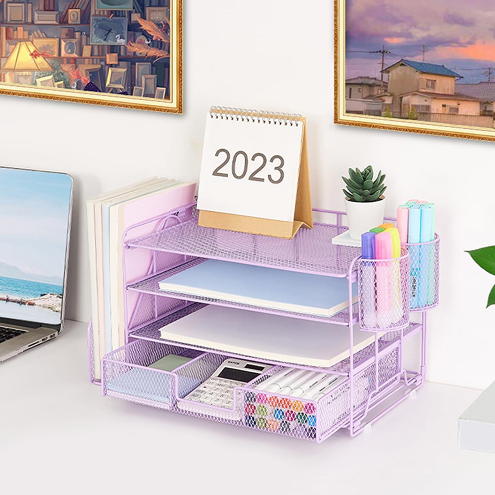 RUISINERY 4-Tiered Letter Tray Metal with Magazine Stand Drawer Pen Cups Desk Organizers and Accessories Multifunction for Office