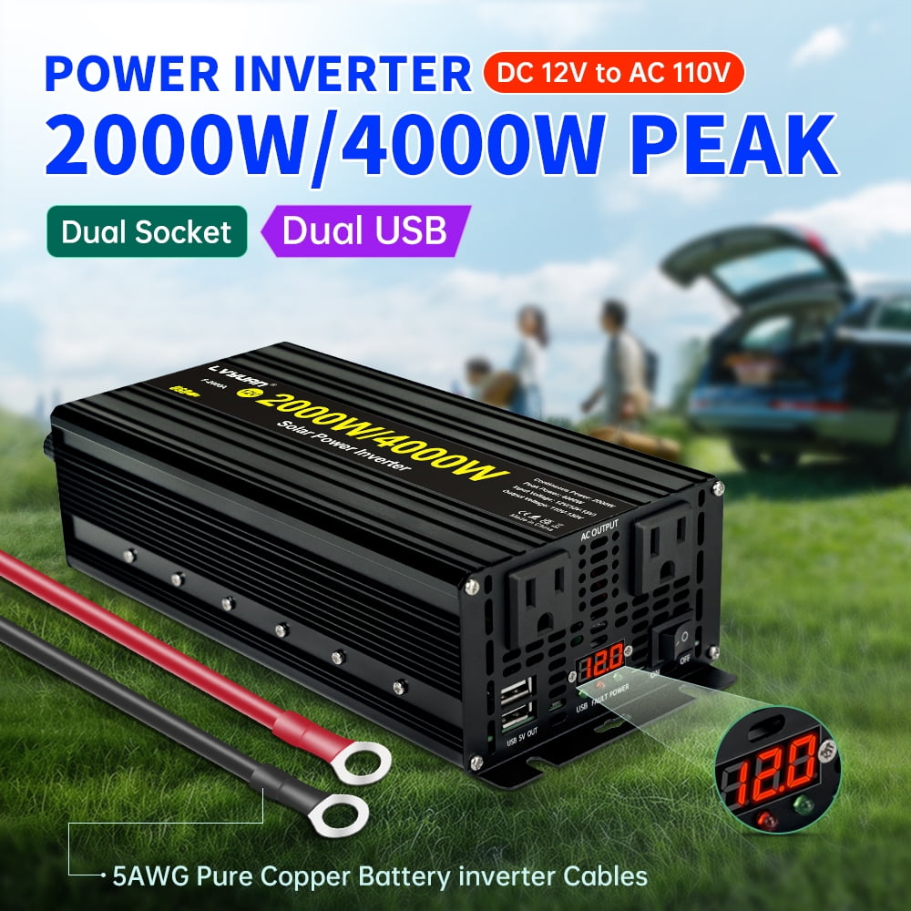 2000W 4000W Peak Modified Sine Wave Power Inverter 12V DC to 110V AC Converter Adapter USB Charger, 2AC Outlets & 2 USB, LED Display for Car, RV, Outdoor Camping & Home Backup Black