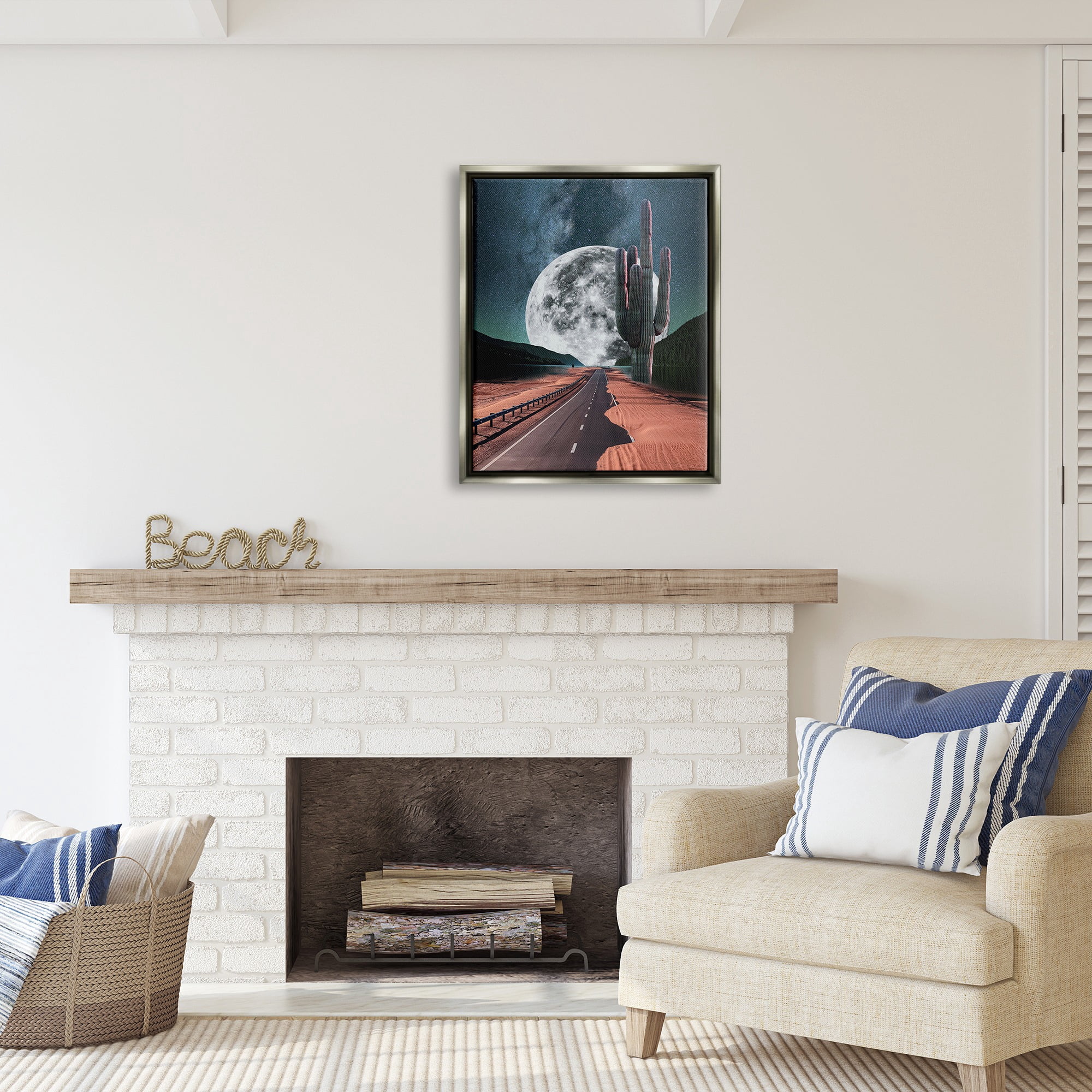 Stupell Industries Surreal Moon & Desert Highway Landscape Painting Gray Floater Framed Canvas Art Print Wall Art, 25 x 31