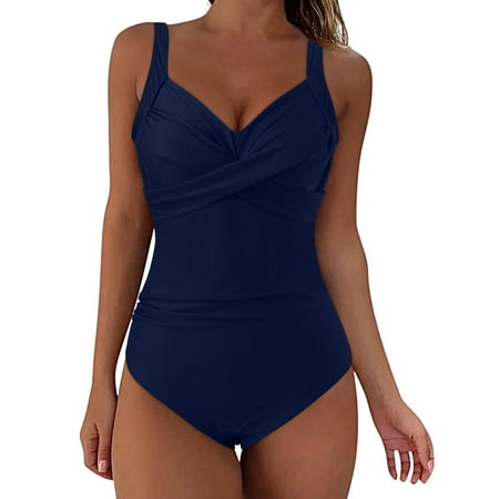 Ramiter Thong Bikini Swimsuit Women One Piece Swimsuit High Neck Plunge Mesh Ruched Swimwear M Dark Blue