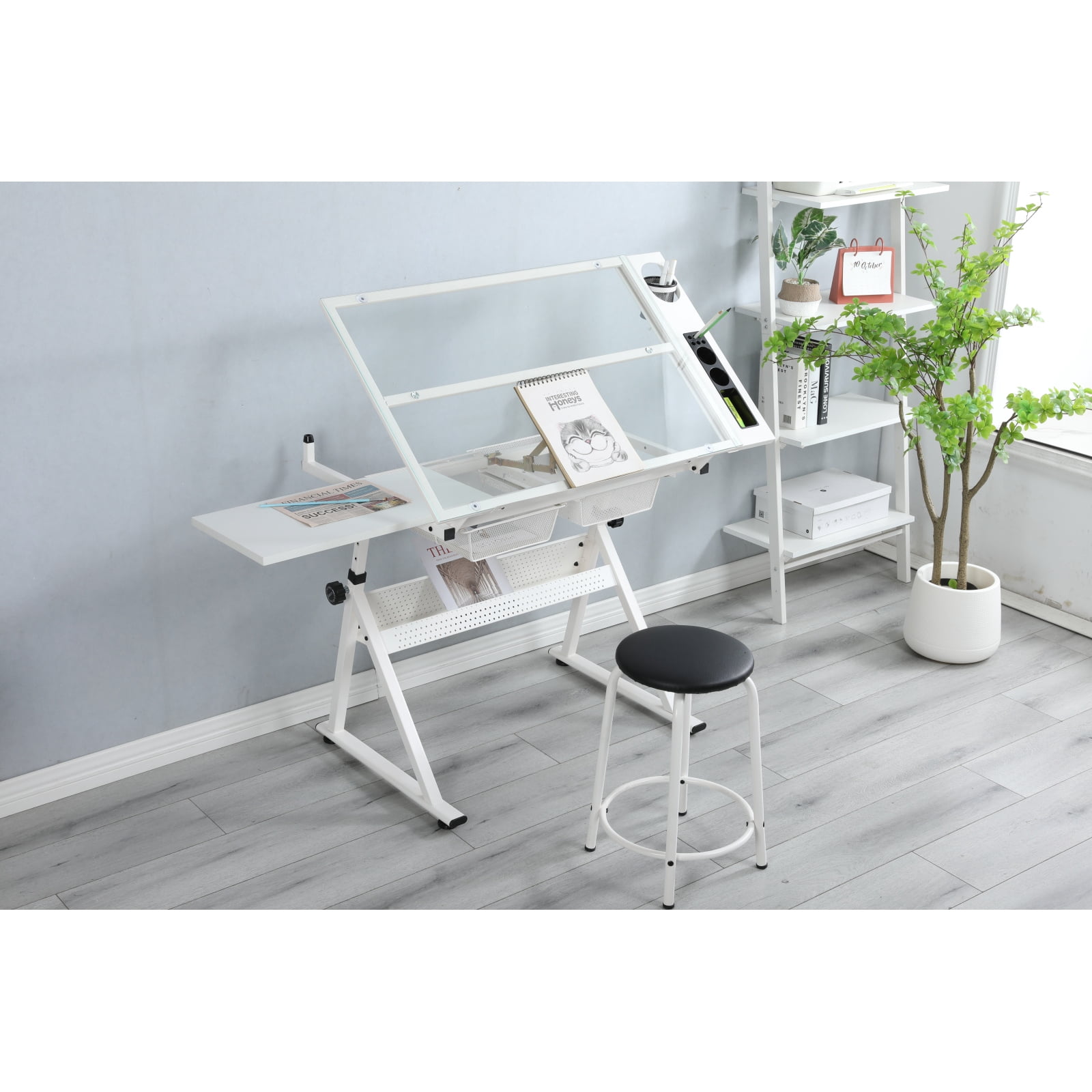 Alvin Creative Center White Base Onyx Table with Drafting Chair
