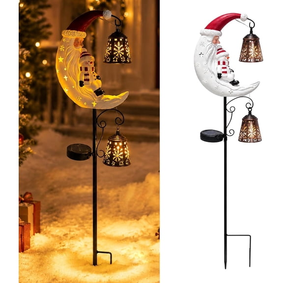Christmas Solar Garden Stake Light Santa Moon Snowman Weather-Resistant Half Moon LED Pathway Light with 2 Hanging Lanterns for Outdoor Yard Patio Lawn