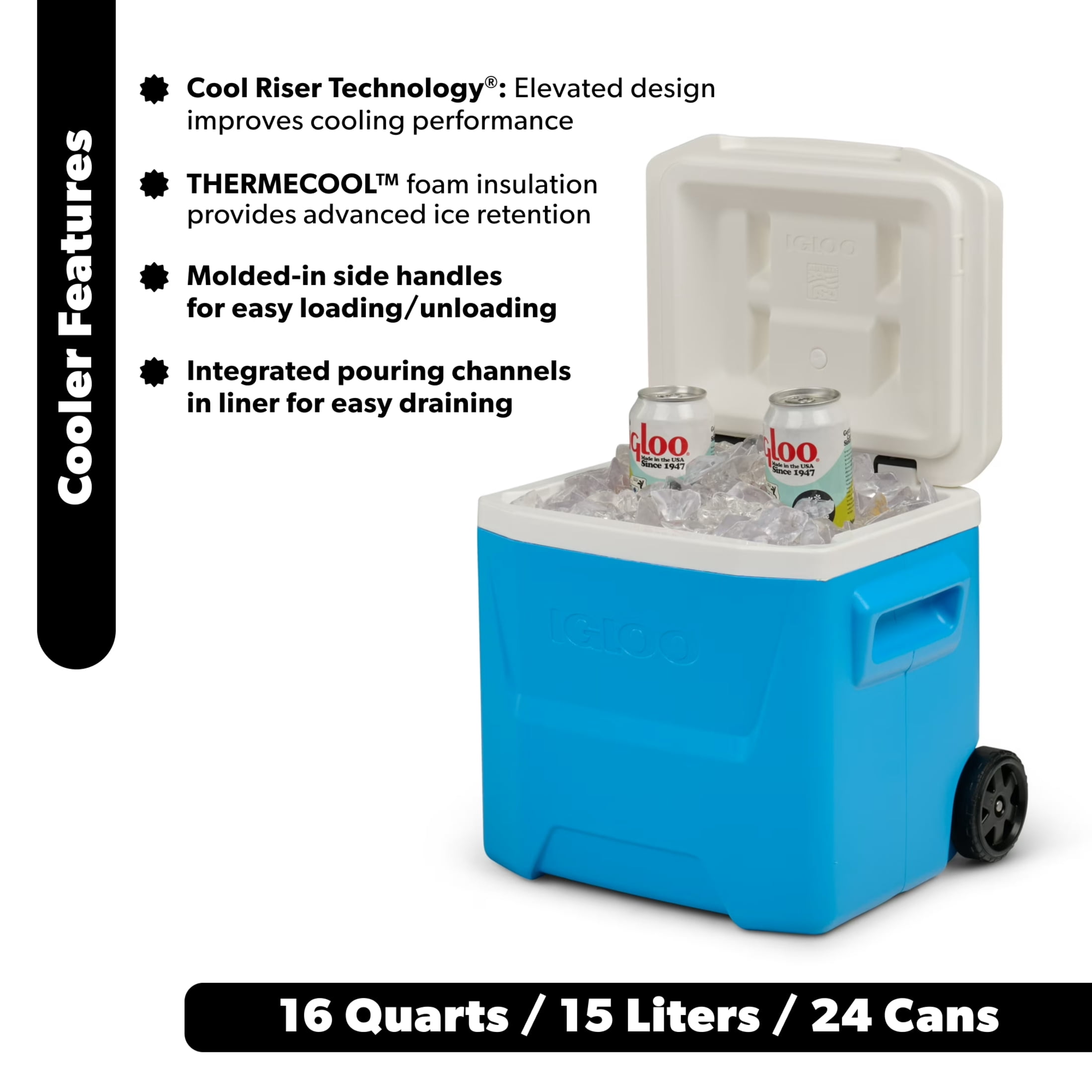 Igloo 16 QT Laguna Hard Side Ice Chest Cooler with Wheels, Aqua Water