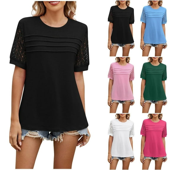Stylish Olyvenn Womens Hollow Lace Short Sleeve Tops Dressy Casual Pleated Tee Shirts Lightweight Summer Loose Crewneck Tunic Blouse Black L