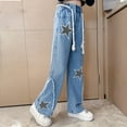 thumbnail image 2 of Wuxian Kids Girls Jeans Pant Straight Leg Print Casual Vintage Denim Cargo Pants With Multiple Pockets Elastic Waist For Big Girls Fashion Loose Relaxed Trousers,Blue,9-10 Years, 2 of 9