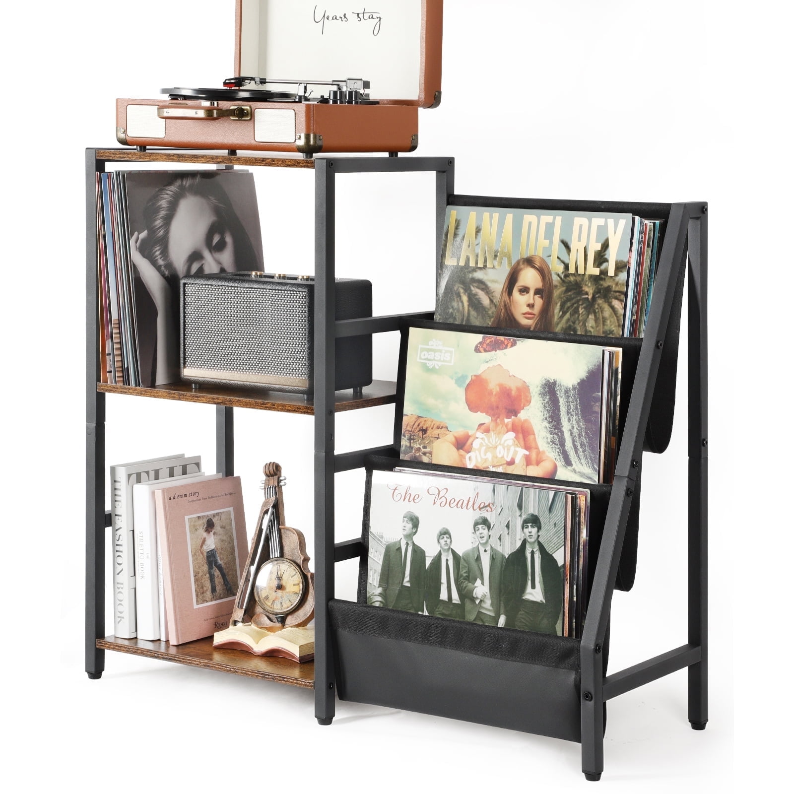 Olakee Record Player Table, with 3-Tier Vinyl Storage for 220 Albums, for Living Room Music Room Study, Black and Brown