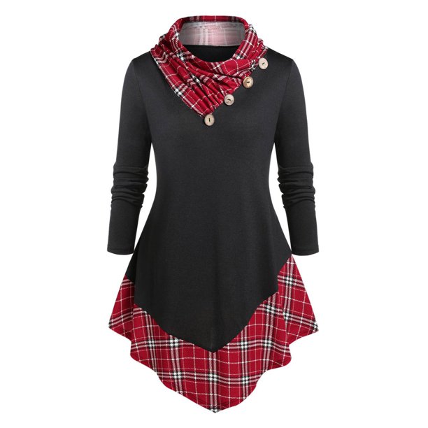 Camiseta Talla Extra a Cuadros Asimétrico Rosegal Mangas largas de talla grande