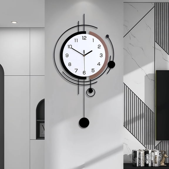 Minimalist Geometric Color-Block Wall Clock – Black Metal Rings with Coffee Accent Decorative Clock