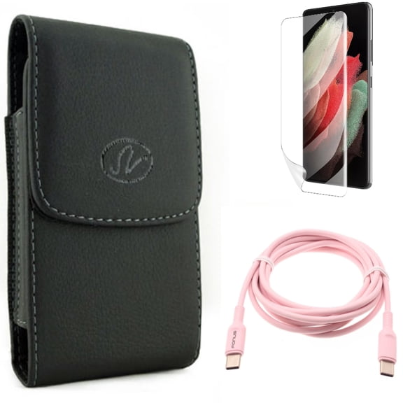 Pink 6ft Long Cable & Matte Screen Protector & Case Belt Clip for Samsung Galaxy S22 Plus (S22 ) - Combo USB-C to Type-C PD Fast Charger Cord & TPU Film Anti-Glare & Leather Holster Cover