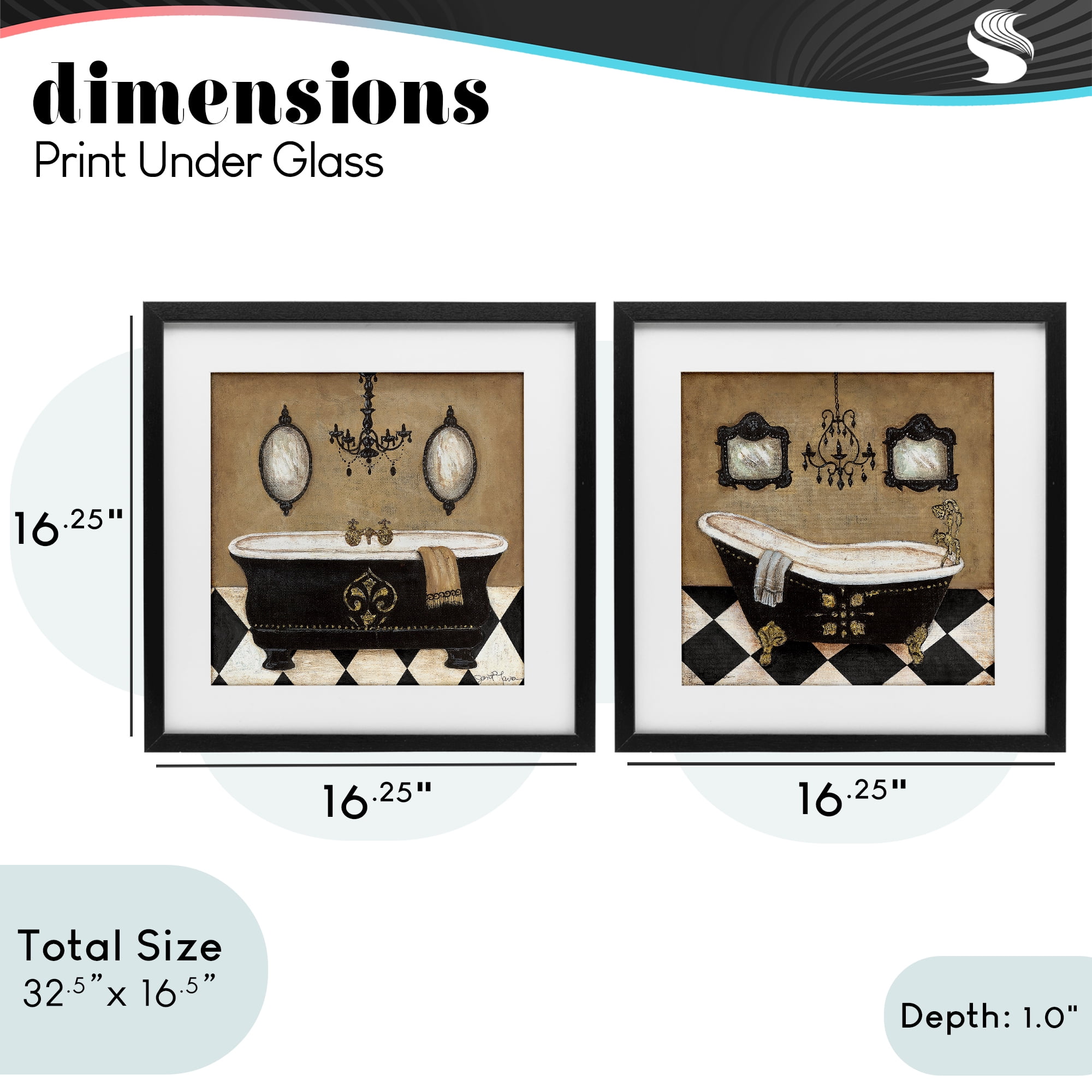Stupell Industries Elegant Bathroom with Chandeliers 2 Piece Black Framed Print Under Glass Set, design by Janet Tava