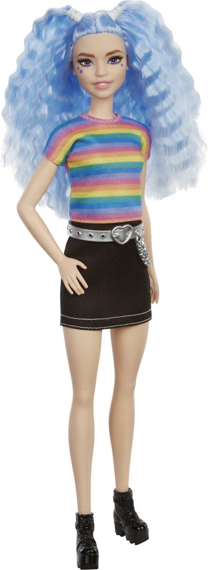 Barbie Fashionistas Doll #218 with Long Blue Hair, Rainbow Top & Teal Skirt