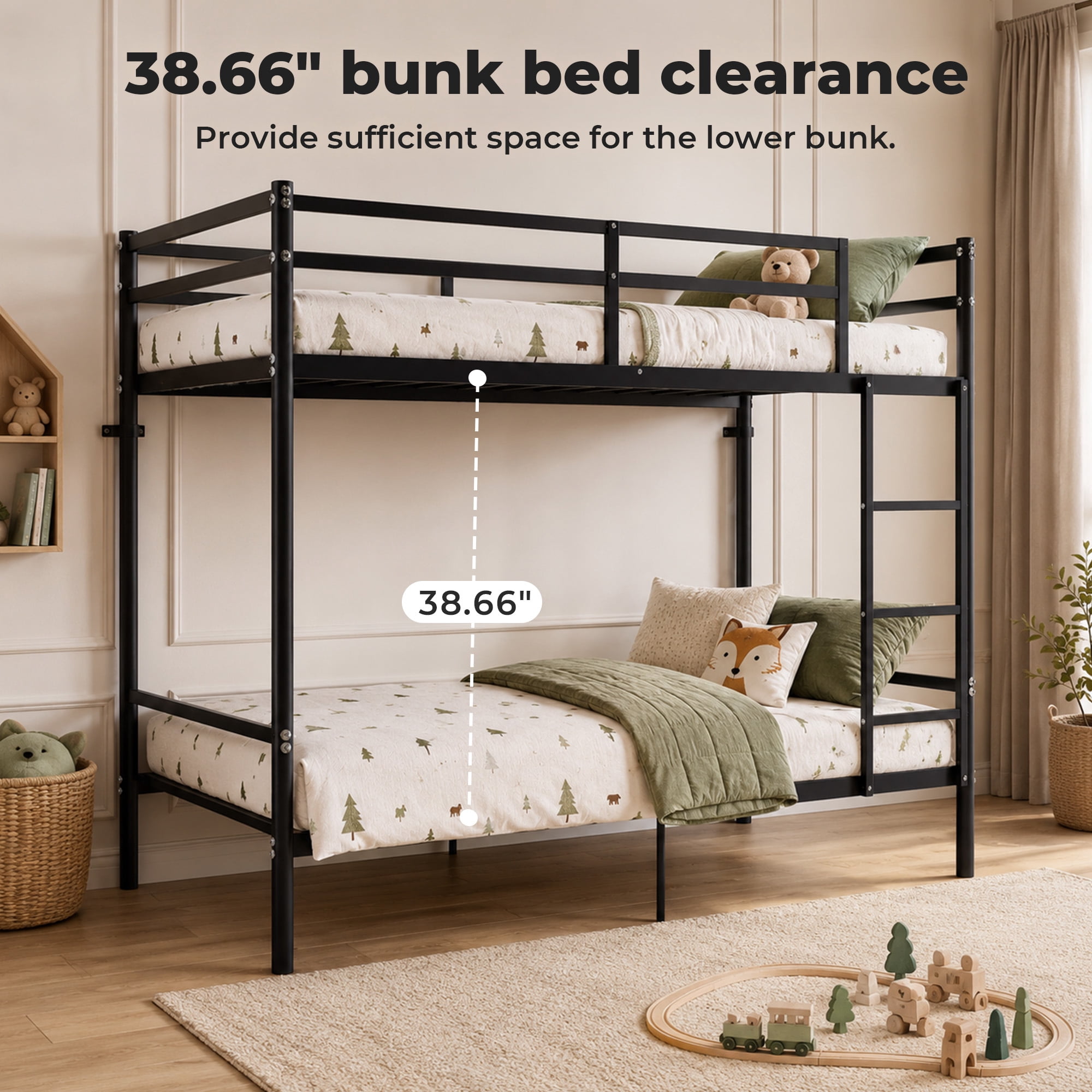 Alvantor Bunk Bed Twin over Twin, Metal Bunk Bed for Kids with Ladder and Anti-tip Bracket Black