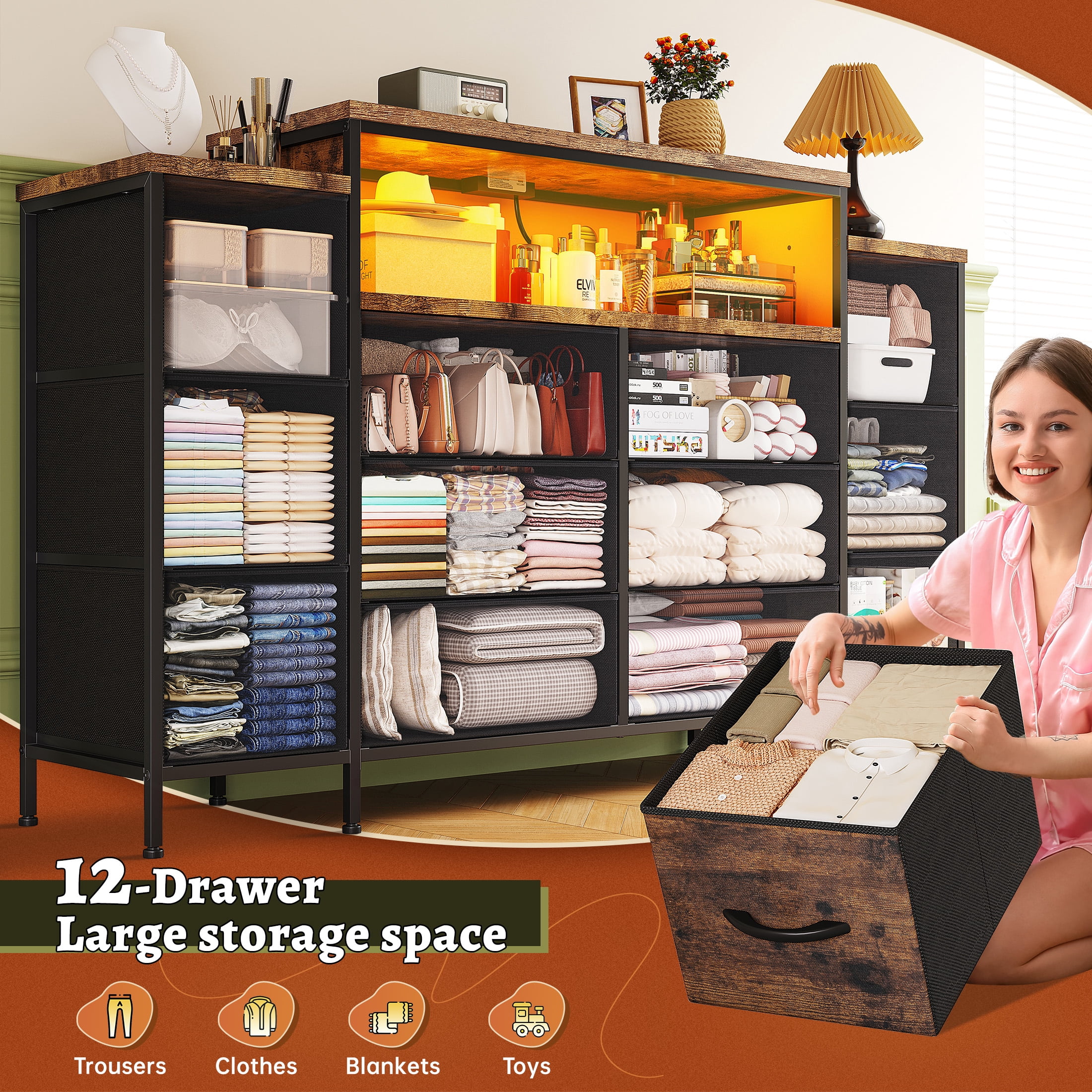 EnHomee 55" W Dresser for Bedroom with LED Lights & Charging Station 12 Drawer Dressers & Chests of Drawers, Rustic Brown