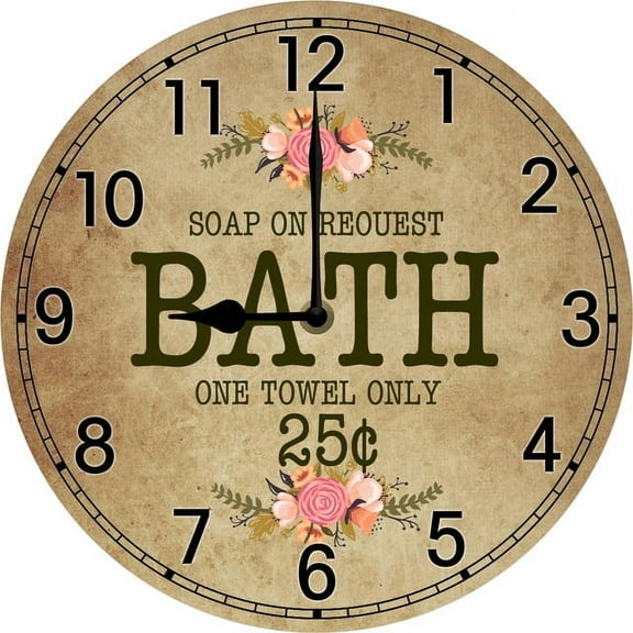 Old Bath Sign Wall Clock Bathroom Clock for Wall Farmhouse Decoration for Toliet Guest Washroom Battery Operated Silent Clocks Movement 10 Inches Non Ticking Room Decor