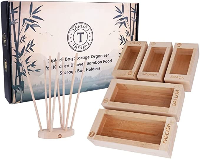 TAPUAJ Ziplock Storage Bag Organizer with Wood Bottle Drying Rack