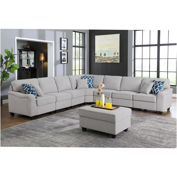 JERFIT 8-Piece Modular Sectional Sofa with Ottoman, L-Shaped Couch Set in Light Gray Linen Fabric for Living Room