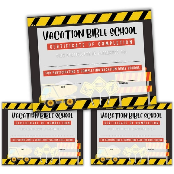Vacation Bible School VBS Certificate of Completion Award  50 pk 8.5x11 Construction Site Excavator Working Trucks Themed Participation
