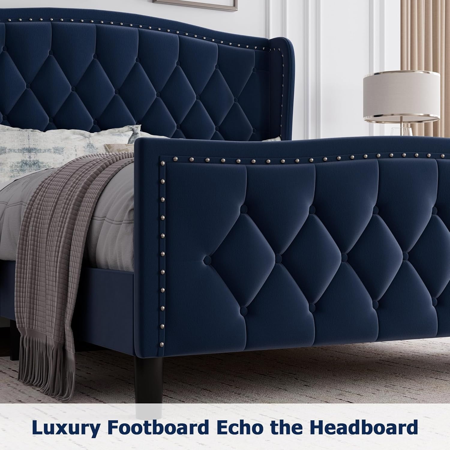 Garvee 49.21" Queen Size Platform Bed Frame, Wingback Headboard, Velvet Upholstered, Navy Blue