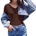 thumbnail image 3 of Camiseta Básica Ajustada de Punto Acanalado con Cuello en V y Larga para Mujer Marrón XXL, 3 of 7