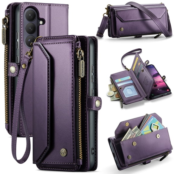 Poweltek Wallet Pocket Case for Samsung Galaxy S26, Crossbody Zipper RFID Blocking Shockproof PU Leather Case with 10 Card Slots, Purple