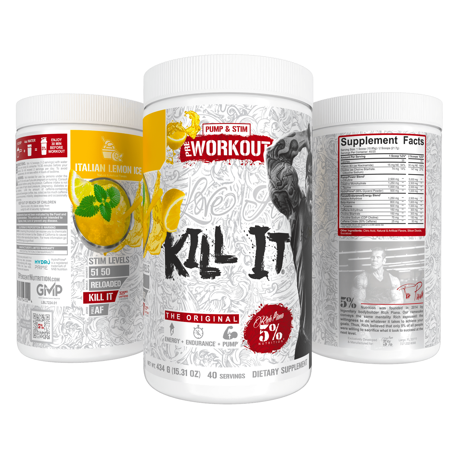 5% Nutrition Rich Piana Kill It Pre-Workout Powder Supplement with Creatine & Caffeine for Pump, 40 Servings (Italian Lemon Ice)