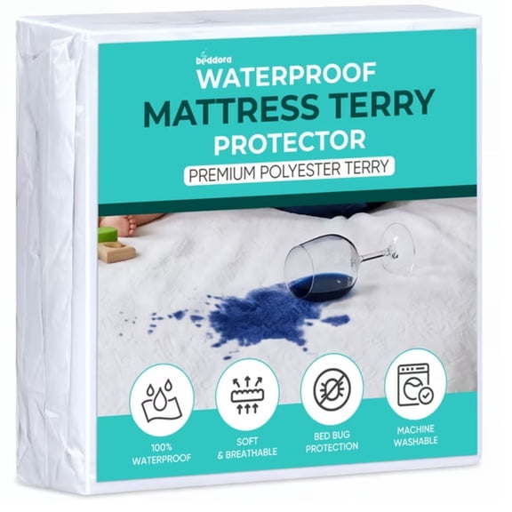 Beddora Terry Waterproof Mattress Protector, Soft 200 GSM Terry Cloth Mattress Cover, Deep Pocket Fitted Bed Protector, Machine Washable