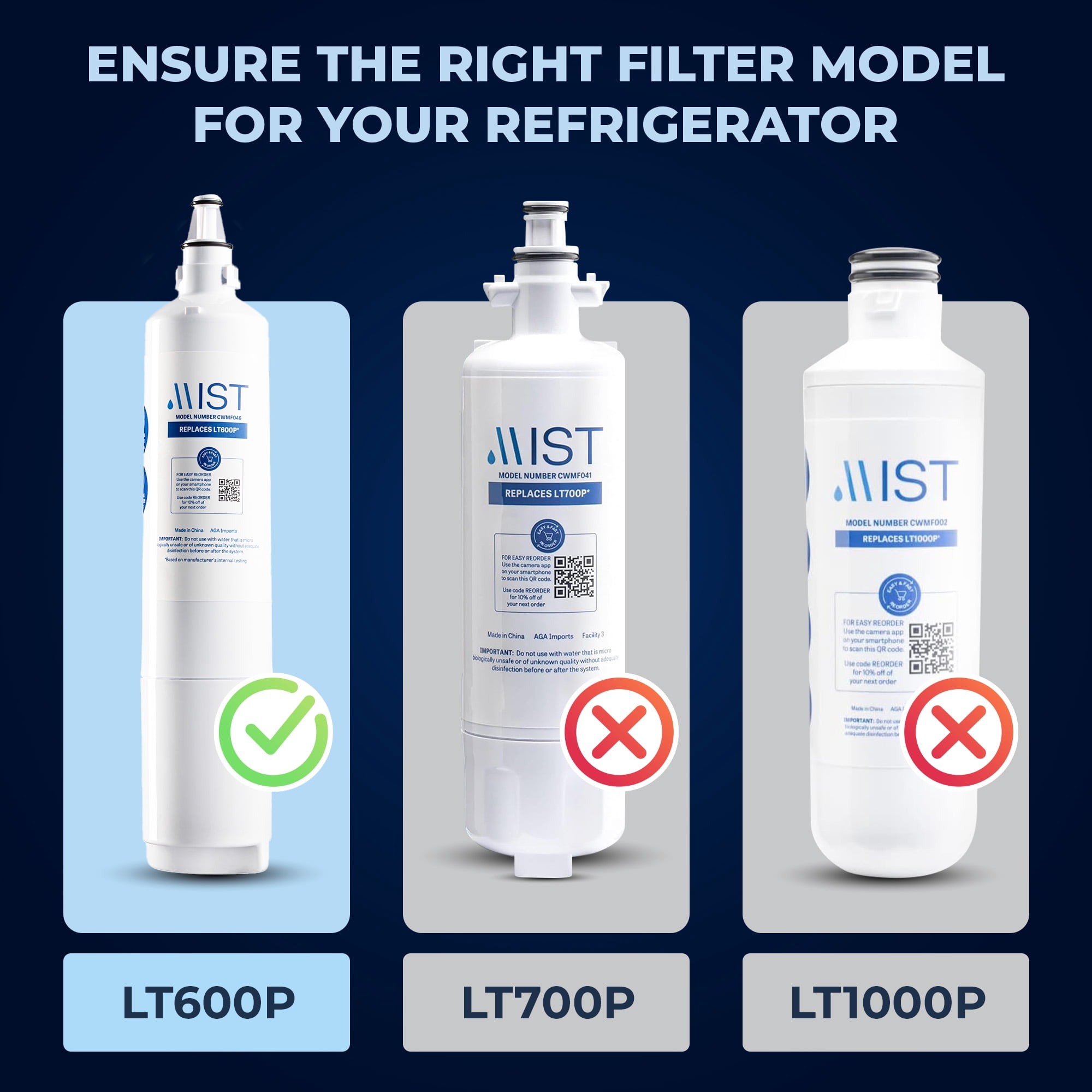 Mist LT600P Refrigerator Water Filter Replacement for LG, Compatible with 5231JA2006A, 5231JA2006B, Kenmore 469990, 5231JA2006E, 5231JA2006F, 46-9990, 3-Pack