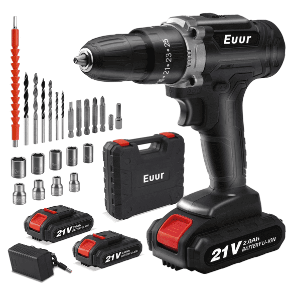 Euur Cordless Drill, 21V Power Drill Set, 25+1 Position Adjustable Torque Electric Drill, 2-Speed Transmission For Screwdriving And Drilling, Black