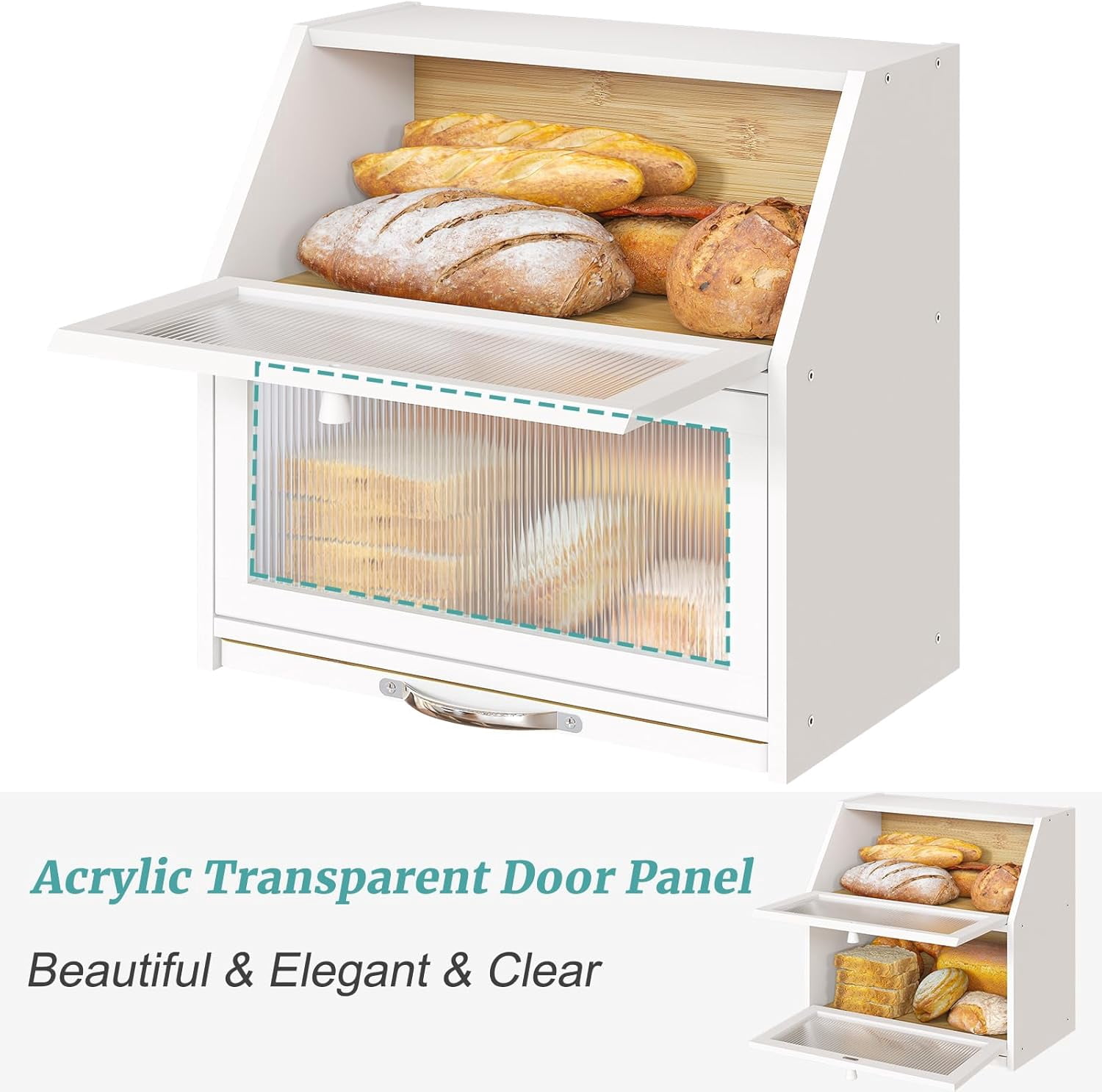 Extra Large Bread Box with Cutting Board Bamboo Wood Bread Box for Kitchen Counter, Double Layer Large Capacity Bread Storage Bin with Acrylic Wavy Door Panel
