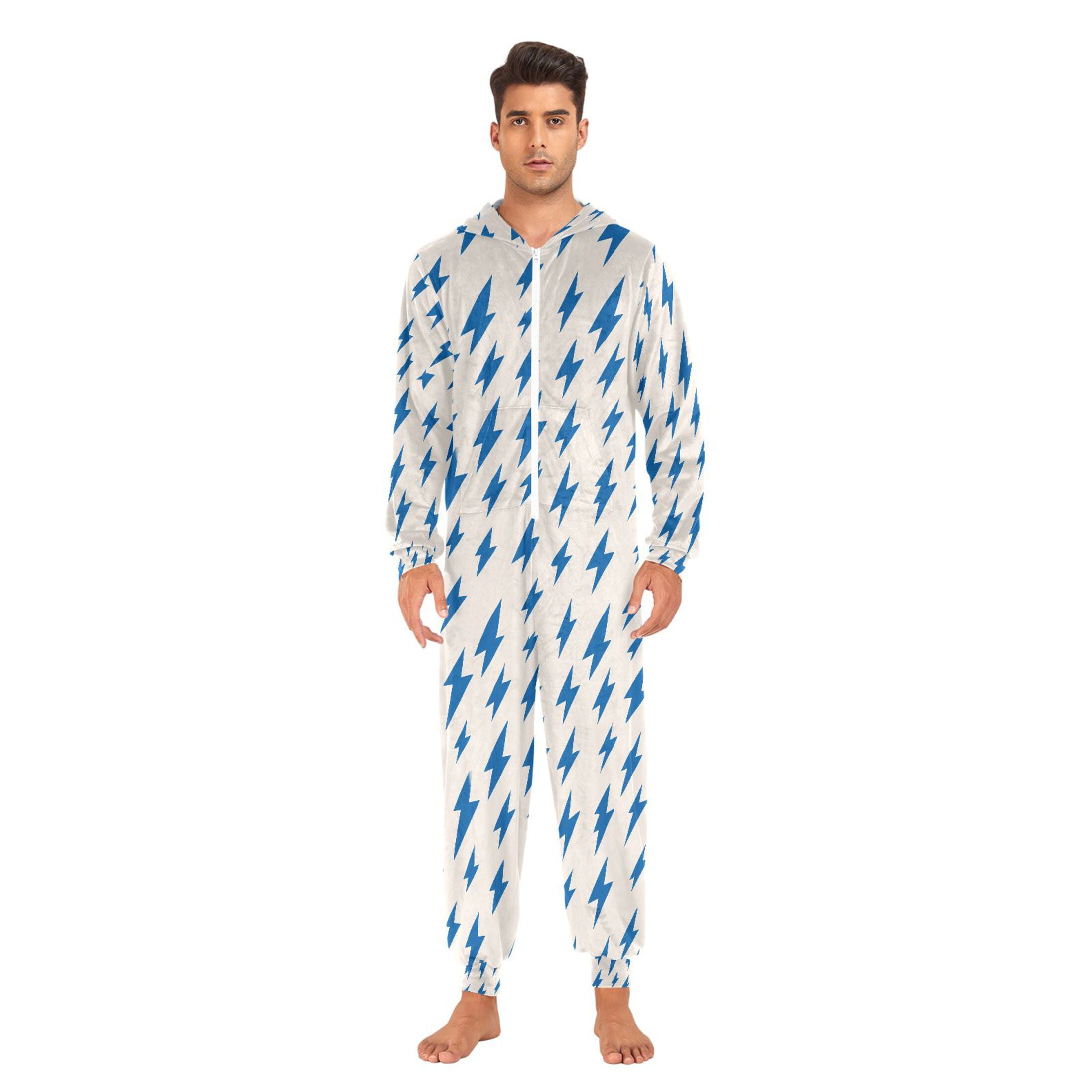 Adult Christmas Onesie Blue Lightning Adult Zipper One-Piece Pajamas Unisex Pajamas with Pockets