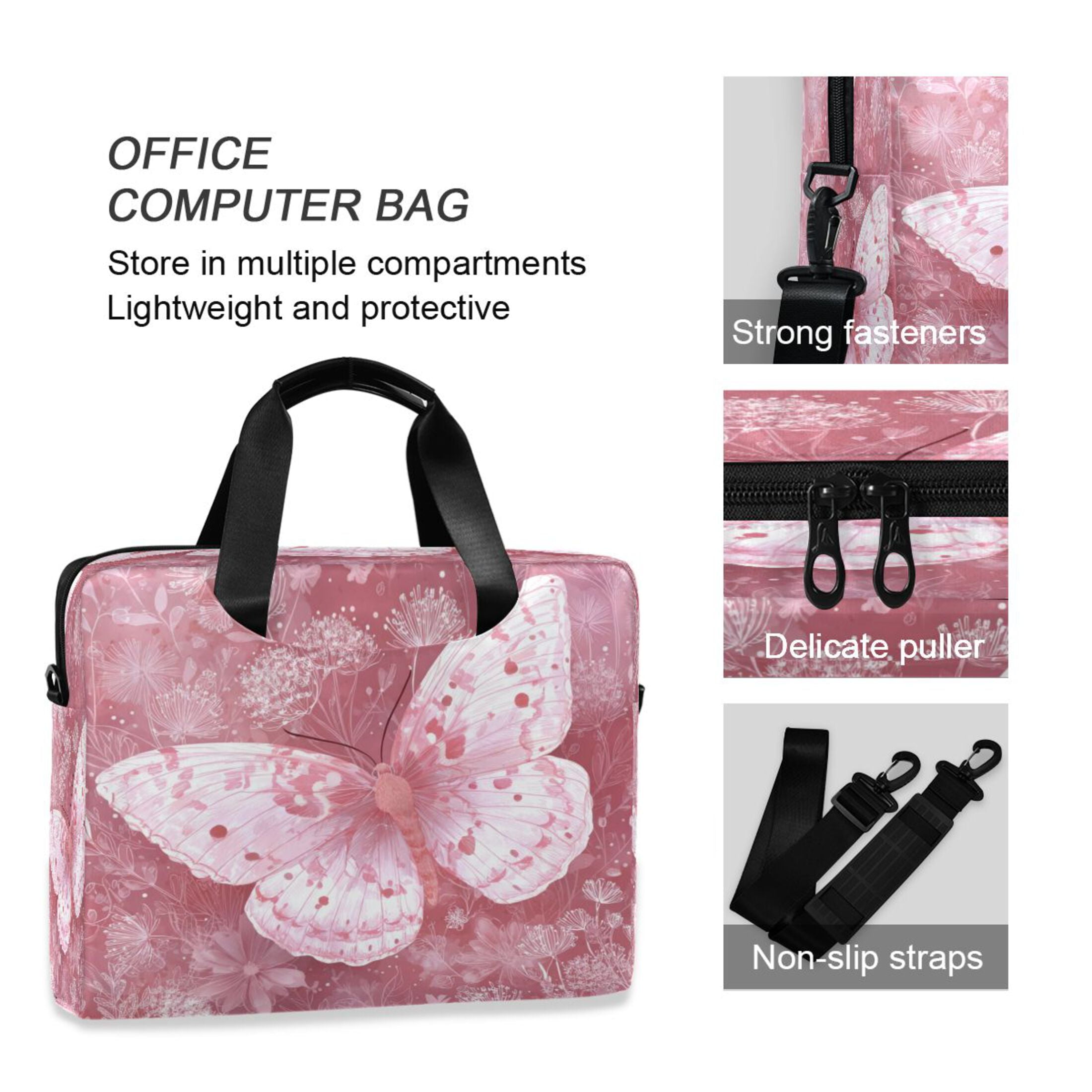 16" Laptop Tote Bag Laptop Sleeve Case Computer Briefcase for Work & Travel Soft Pink Butterfly