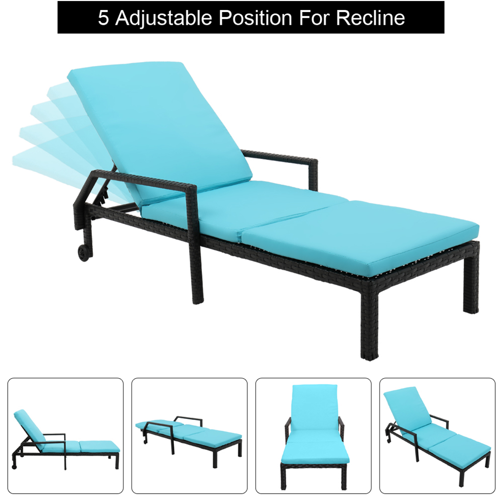 Chaise Lounges for Beach, Adjustable Patio Chaise Lounge Chair with Wheels, Outdoor Rattan Lounge Chair with Armrest and Cushion, Patio Furniture Recliner for Deck, Poolside, Backyard(1, Blue), LLL260 - image 3 of 9