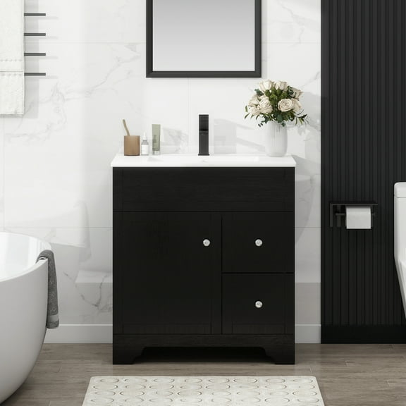 ELECWISH  30" Bathroom Vanity with Sink Combo, Single Sink Bathroom Vanity with 2 Drawers and 1 Soft Close Doors, Freestanding Bathroom Vanity with Ceramic Sink, Black