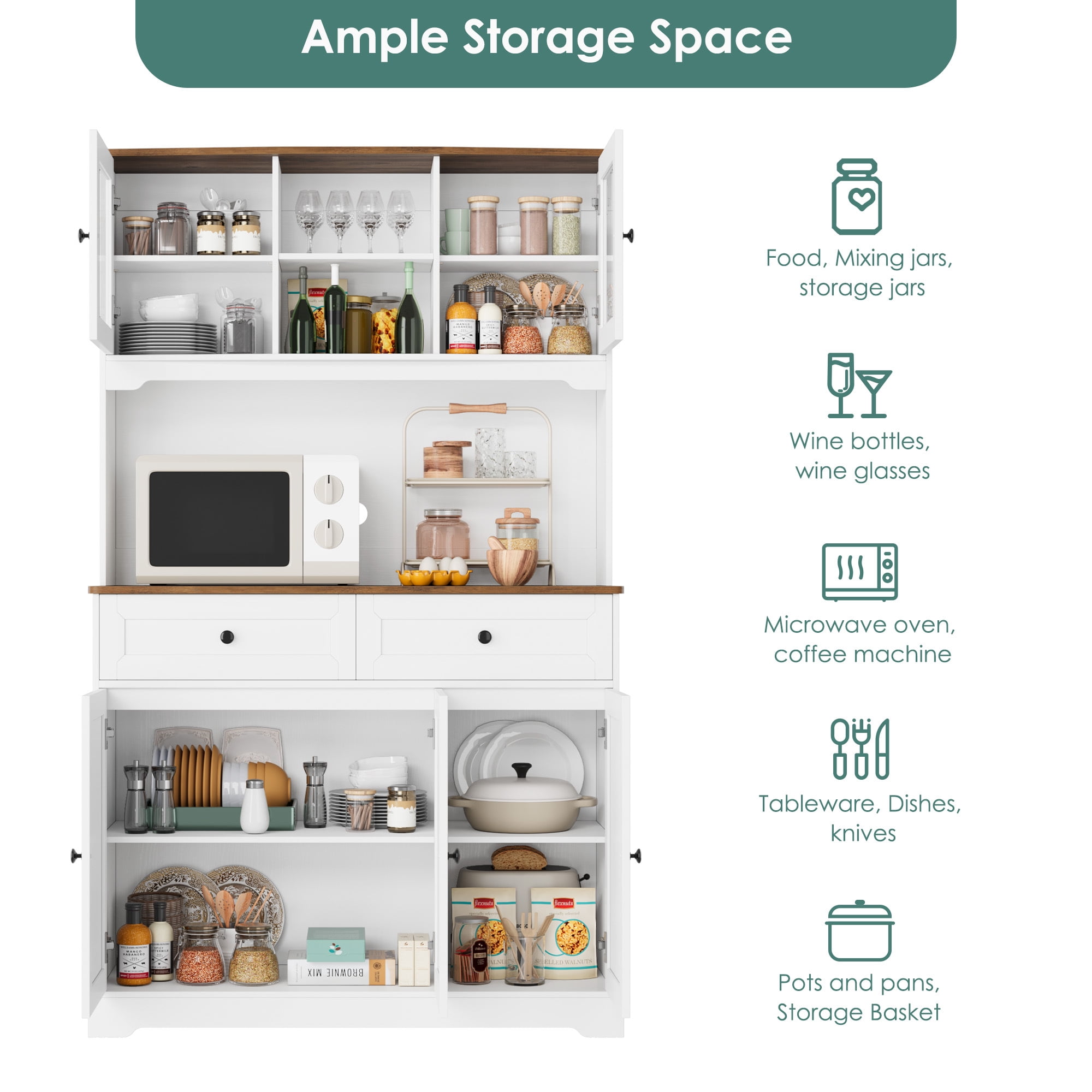 Homfa 71'' Kitchen Pantry Buffet Hutch, Freestanding Storage Cabinet with Countertop & Adjustable Shelves, Food Cupboard with Doors and Drawers, White