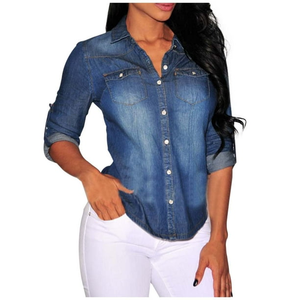 Camisa vaquera vintage lavada de manga larga para mujer - Blusa clásica de estilo retro con botones - Detalles desgastados