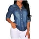 thumbnail image 1 of Camisa vaquera vintage lavada de manga larga para mujer - Blusa clásica de estilo retro con botones - Detalles desgastados, 1 of 7