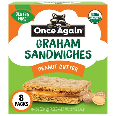 Once Again Peanut Butter BCF26 Crackers Graham Sandwiches - Free Graham Crackers with Organic Peanut Butter Filling - Vegan, Organic Snacks for Kids - Lunch Snacks Individually Wrapped, 8 Count