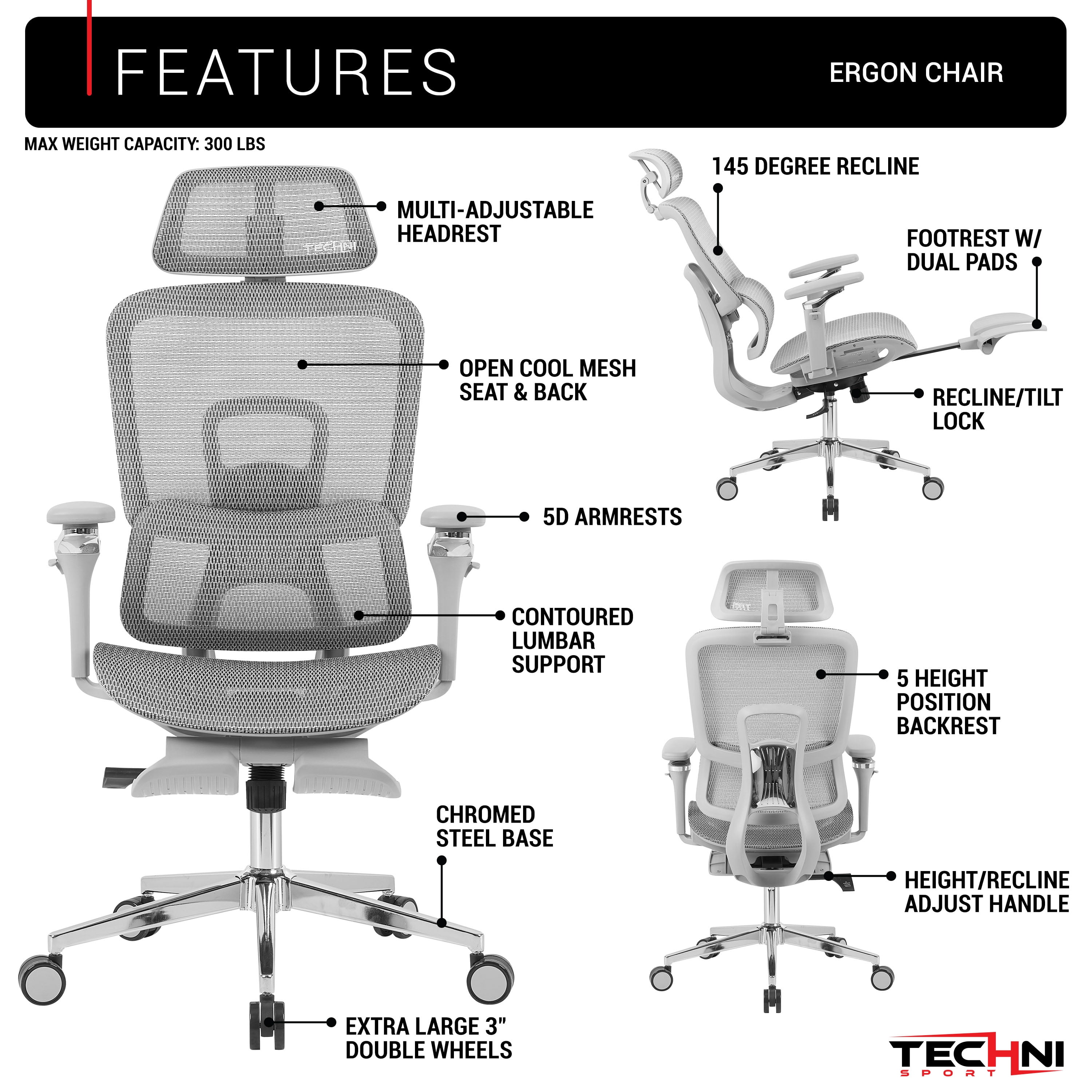 Techni Sport Ergonomic Mesh Office Chair with 5D Armrests & Retractable Footrest