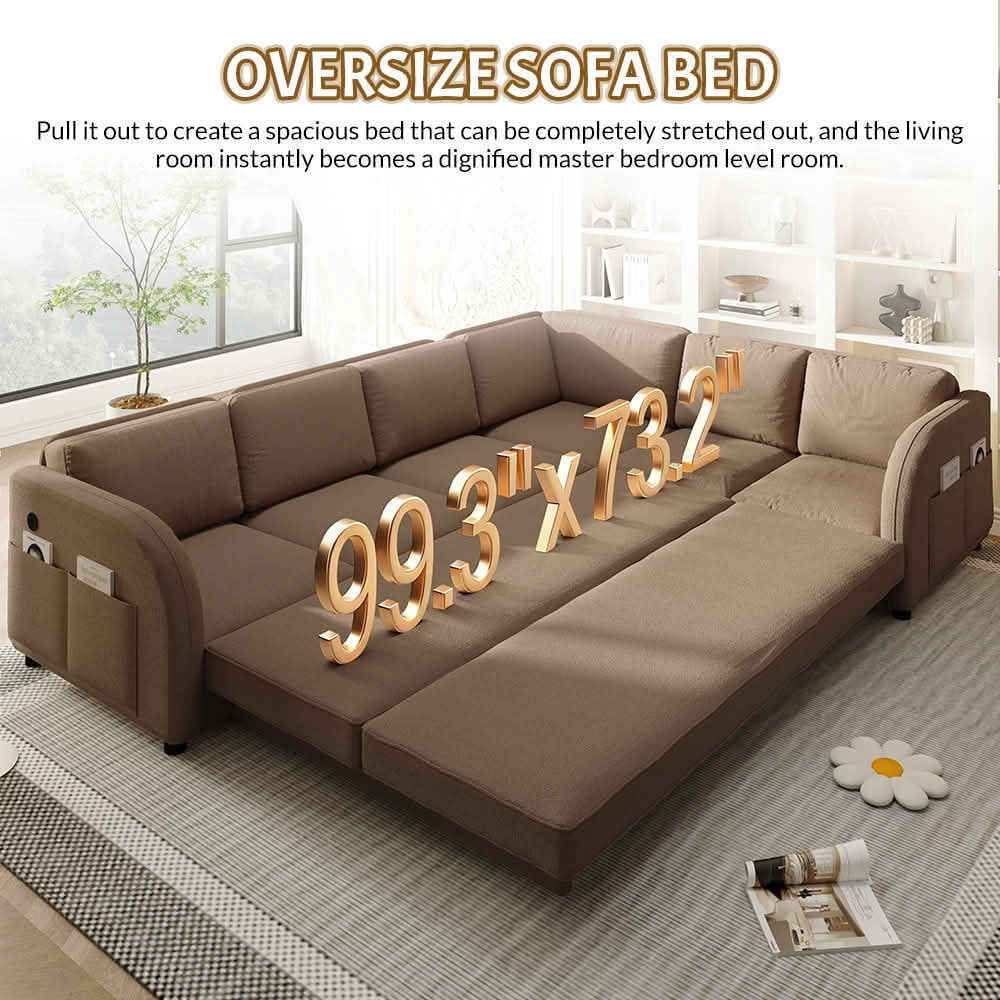 MAYEERTY 115.2" L‑Shaped Convertible Sleeper Sofa, Sherpa Fleece Sectional Couch with Pull‑Out Bed, Side Pocket & USB Port, Reversible Left/Right Chaise