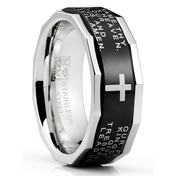 Metal Masters Mens Lords Prayer Stainless Steel Ring Christian Cross Bible Two-Tone