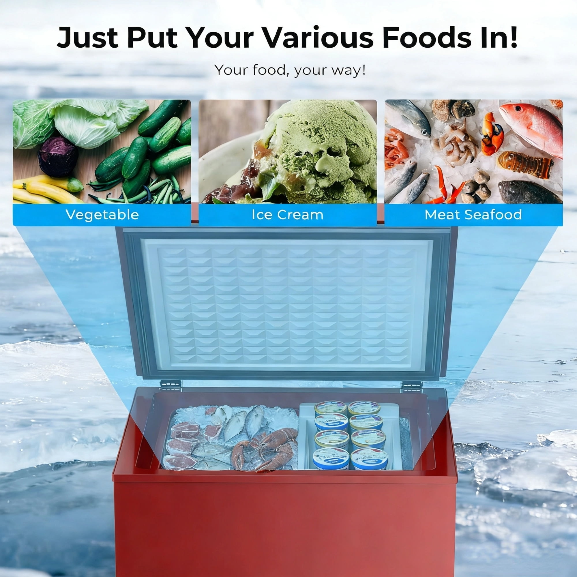 Auseo 3.8 Cu.Ft Chest Freezer Low Temperature Freezer with Removable Basket,Free Standing Top open Door Deep Freezer, Adjustable Temperature for Home, Basement, Kitchen, Red