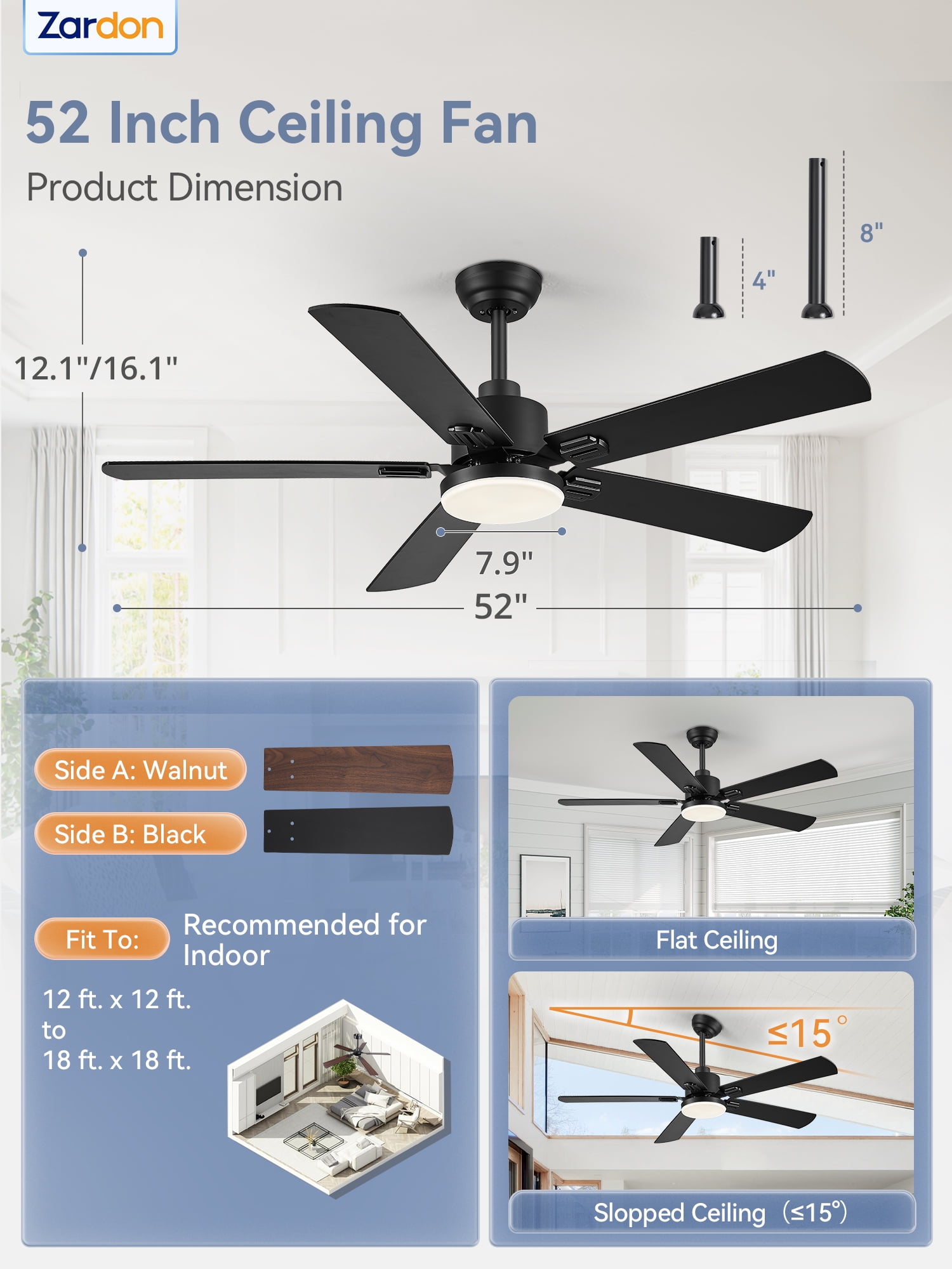 Zardon 52" 2 Pack Ceiling Fan with Light and Remote Control, Ultra-Quiet DC Motor, 6 Speed, Dimmable and Timer for Bedroom and Living Room, Indoor