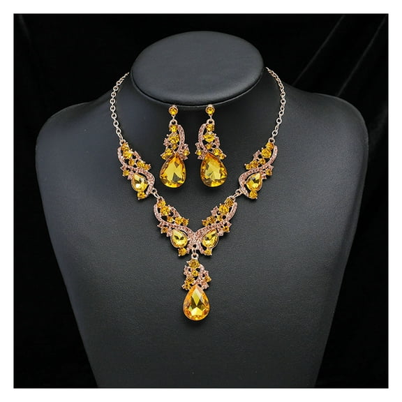 HUANLEDASH Women Necklace Earrings Set Luxury Symmetric Retro Rhinestone Hollow Out Anti-allergy Hanging Earrings Bridal Wedding Prom Anniversary Jewelry Set