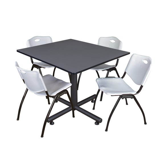 Romig Axis-Pro 48 in. Square X-Base Breakroom Table- Grey, 4 M Stack Chairs- Grey