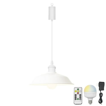 FSLiving White Circular Shade Pendant Light with Rechargeable Battery Operated LED Bulb Adjustable Wire Length Hanging Light RGB Mode Dimmable Timing Lighting Fixtures for Kitchen Counter - 1 Light