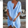 thumbnail image 4 of JUNWELL 2024 Robe de Plage en Coton et Lin pour Femmes, Unie, d'Été, Décontractée, par-Dessus, Robes Midi, Tuniques Douces et Amples, Robe-Chemise pour Femme, Robe P-5TG, 4 of 7