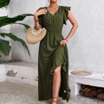 thumbnail image 5 of ClodeEU Womens Summer V Neck Ruff Sleeve Elastic Waist Dress, A Line Casual Loose Fit Maxi Dress Army Green,Womens Plus XXL, 5 of 6