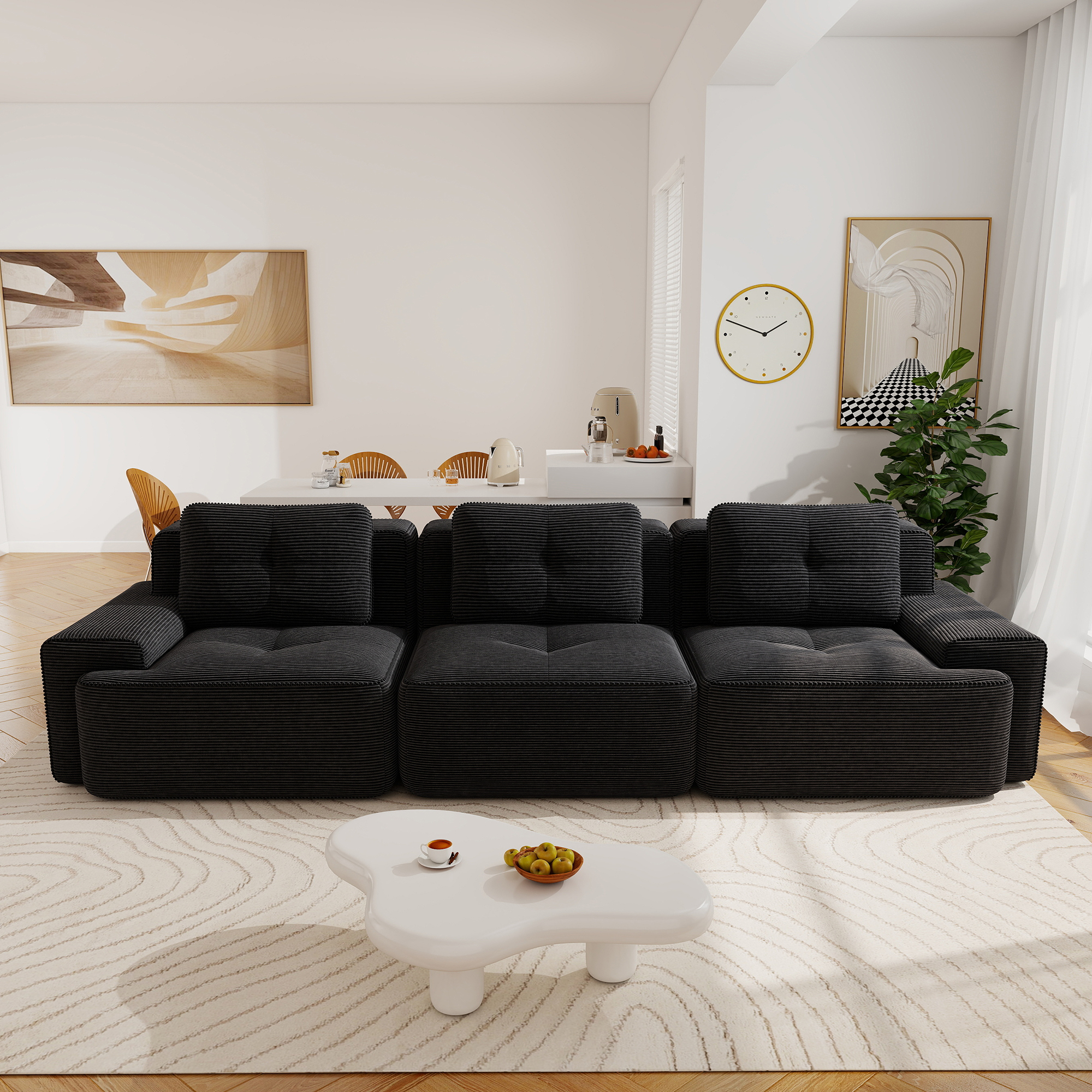 Aukfa Corduroy 3-Piece Modular Sectional Sofa, 93-in Wide Sofa Seat for Living Room, Tufted, Black